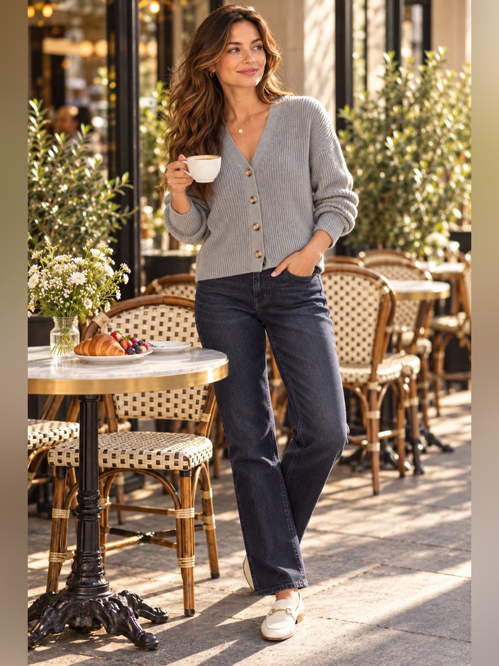 Hudson Jeans Light Gray Ribbed V-Neck Button Cardigan